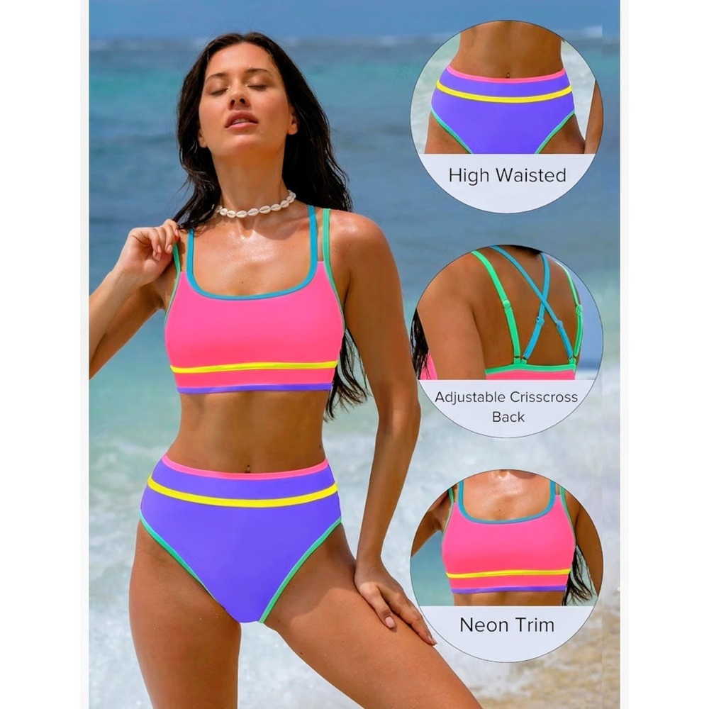 Popvil Neon Colorblock High Waisted Bikini Set Pink Purple Retro Swimsuit Large - Picture 6 of 7